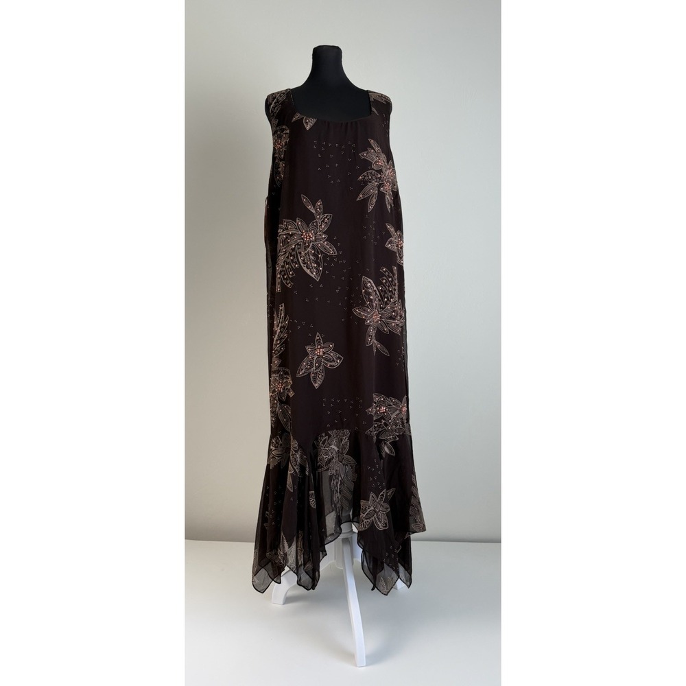 Eva Blue Plus 24W Brown Floral Beaded Chiffon Midi Dress Handkerchief Hem